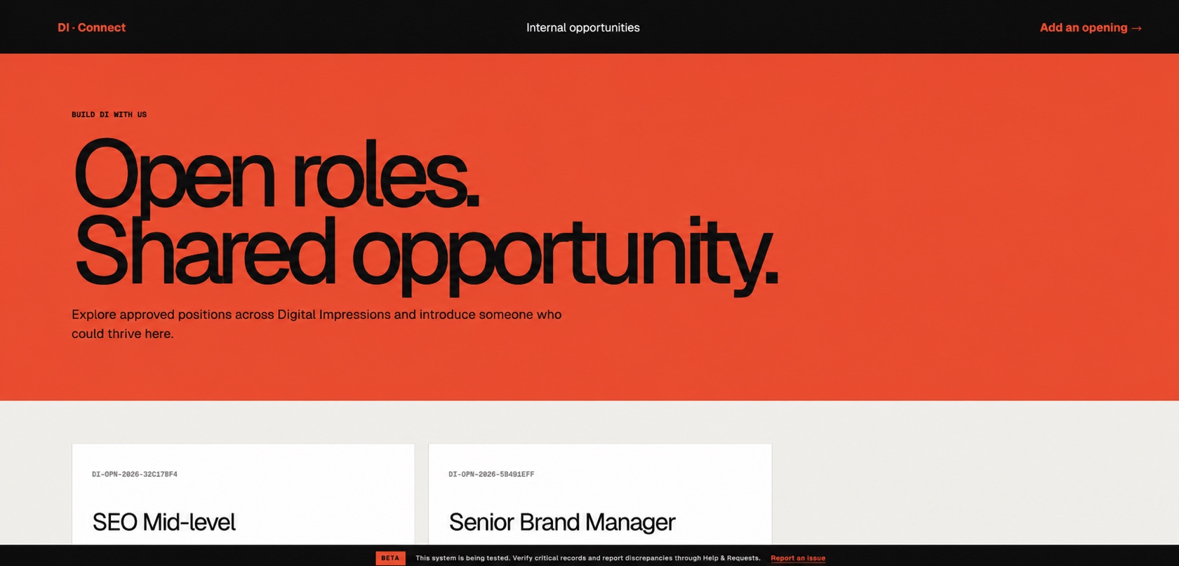 Recruitment workspace showing open roles
